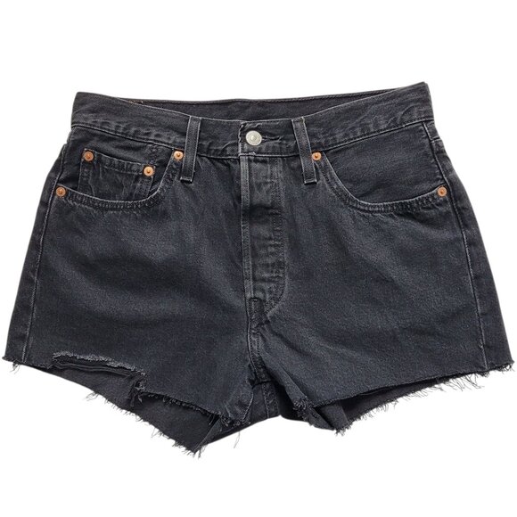 Levis 501 High Rise Jean Shorts Button Fly Black Cutoff Raw Hem 28 Streetwear - Picture 1 of 12